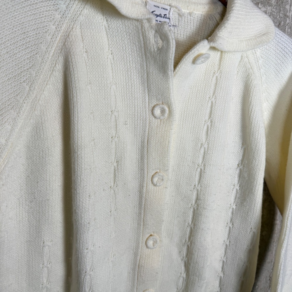Vintage 60s Cream Acrylic Knit Cardigan Peter Pan Collar Button Front Japan WPL - Picture 3 of 5